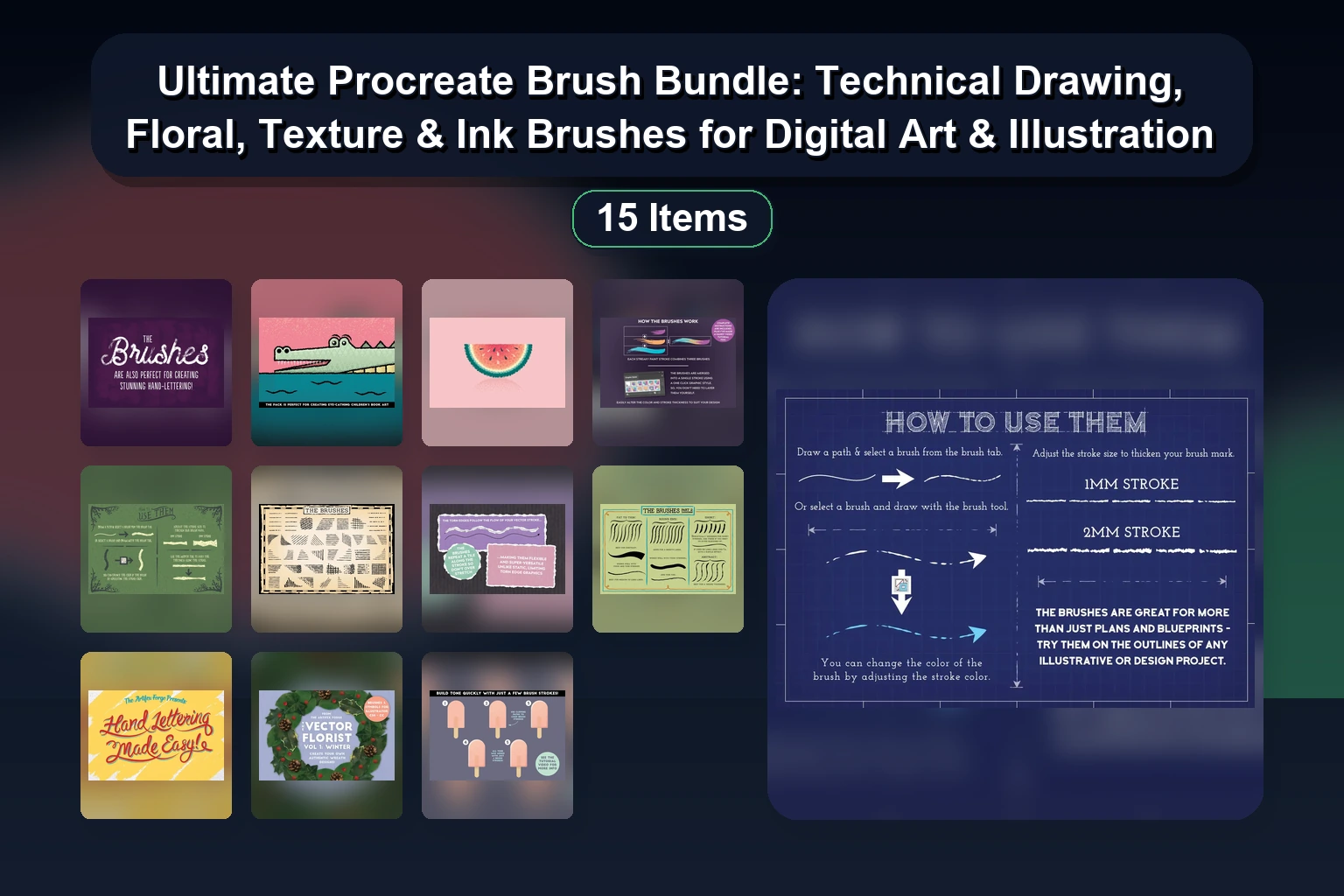 50+ Procreate & Photoshop Brushes for Digital Art: Blood, Network Waves, Geometric & Vintage Textures