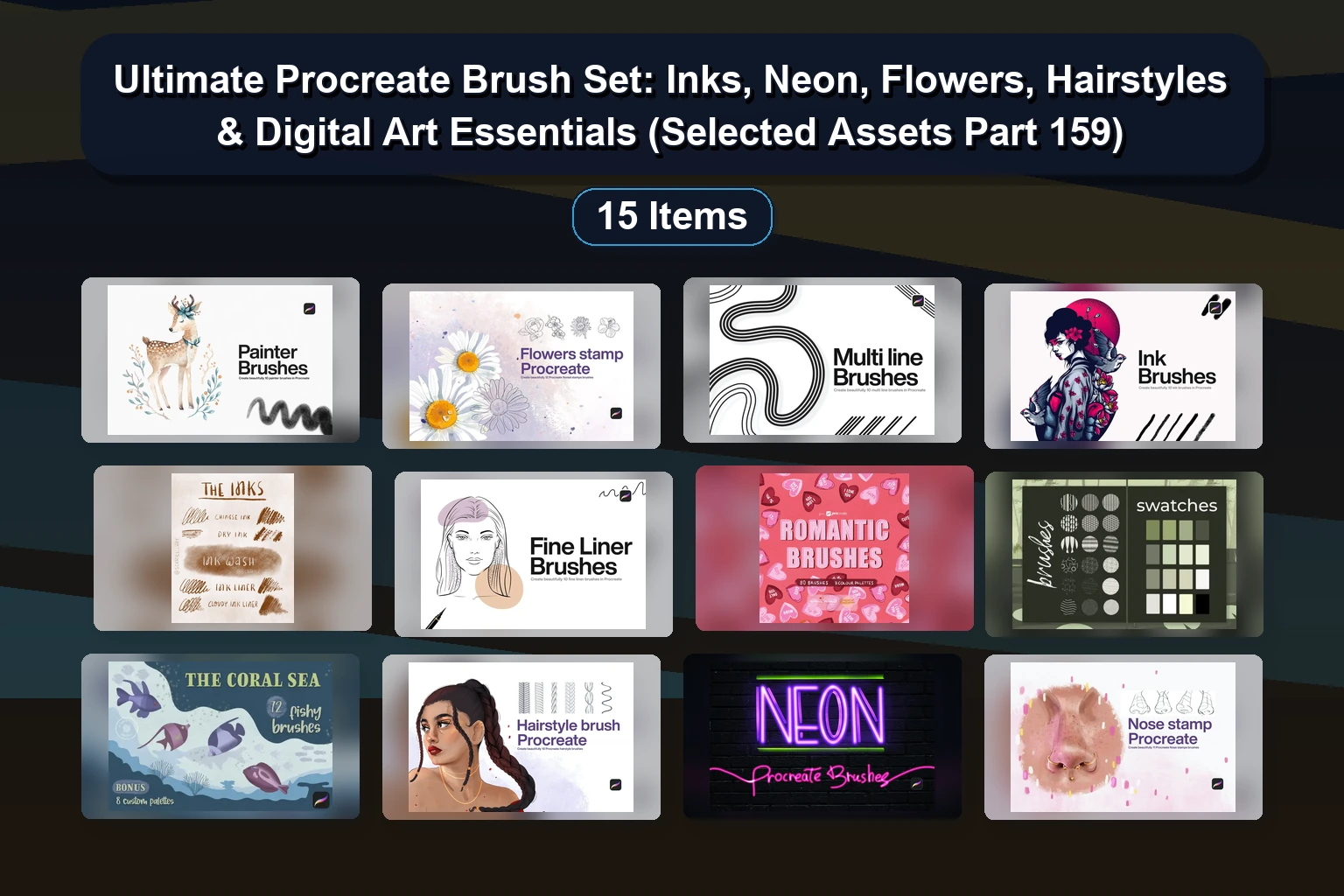 22 Photoshop & Procreate Brush & Stamp Packs for Digital Art (Selected Assets Part 160)