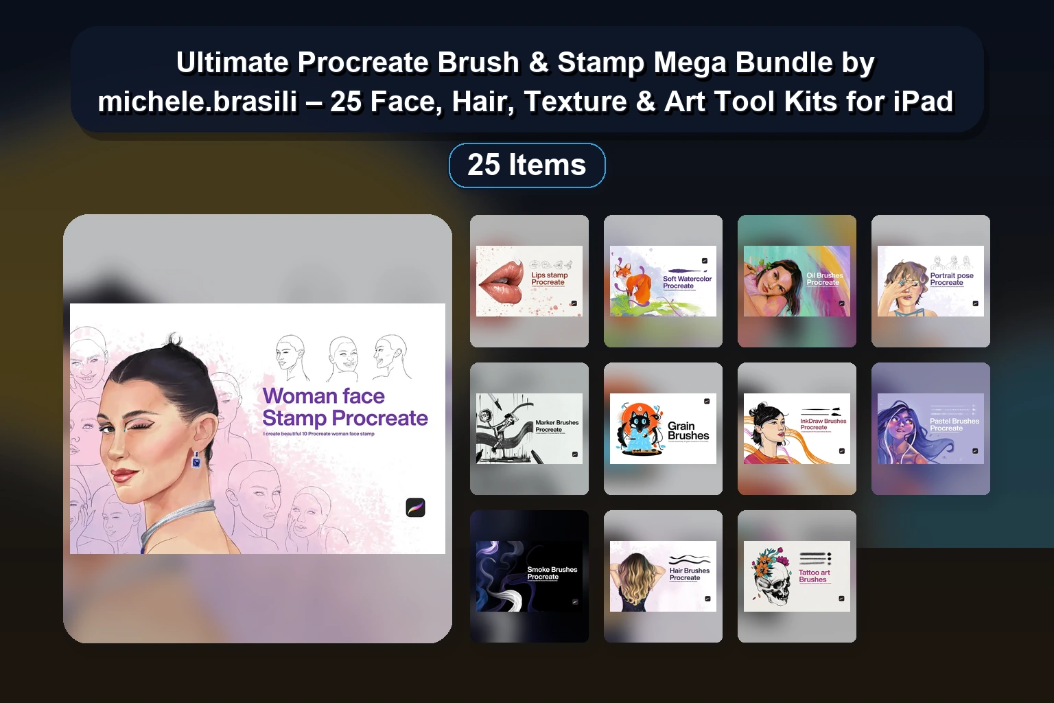 Ultimate Procreate Brush & Stamp Mega Bundle by michele.brasili – 25 Face, Hair, Texture & Art Tool Kits for iPad