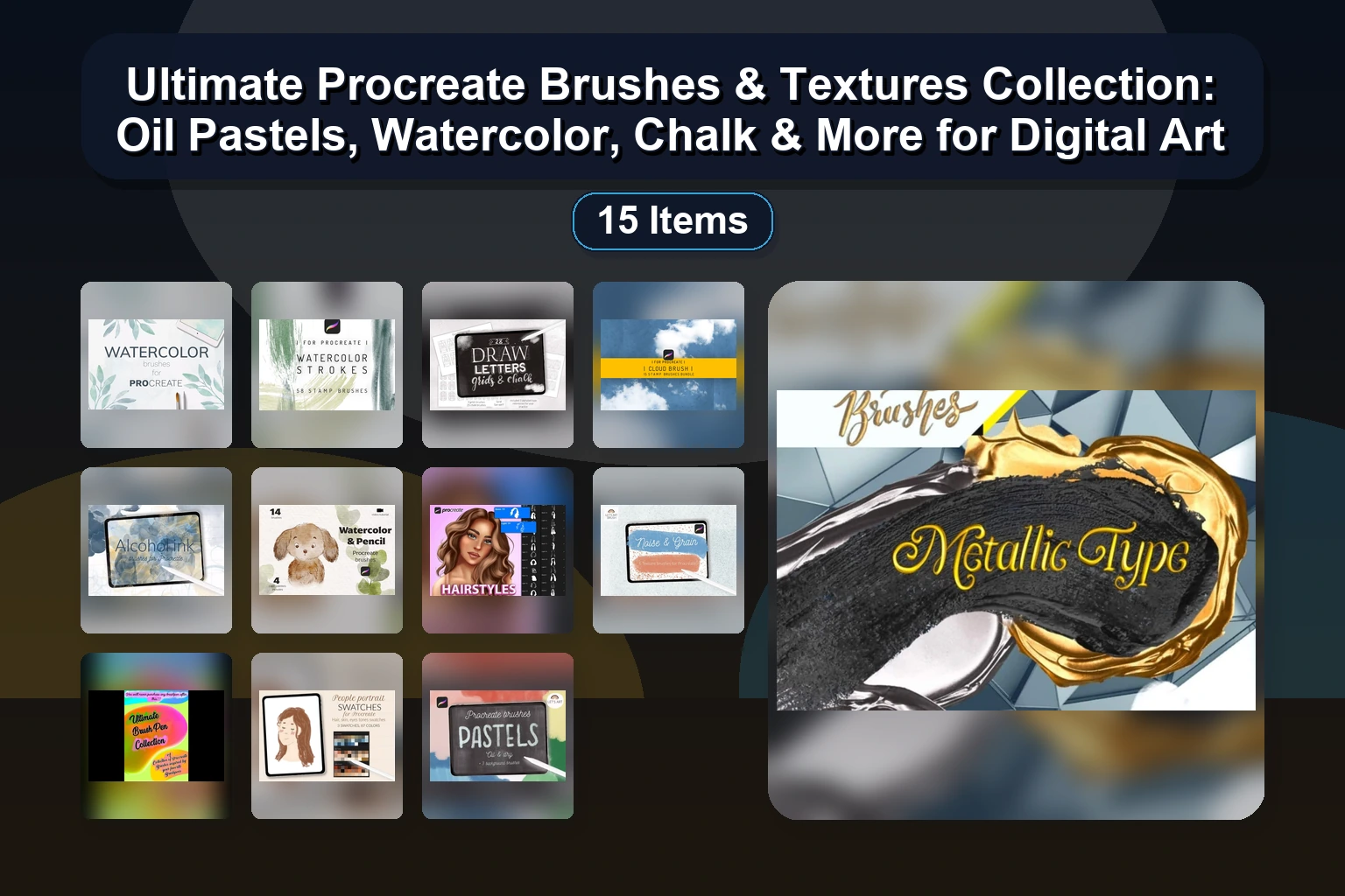 Digital Art Brush Collection for Procreate: Hair, Lettering, Watercolor, Glitter & More