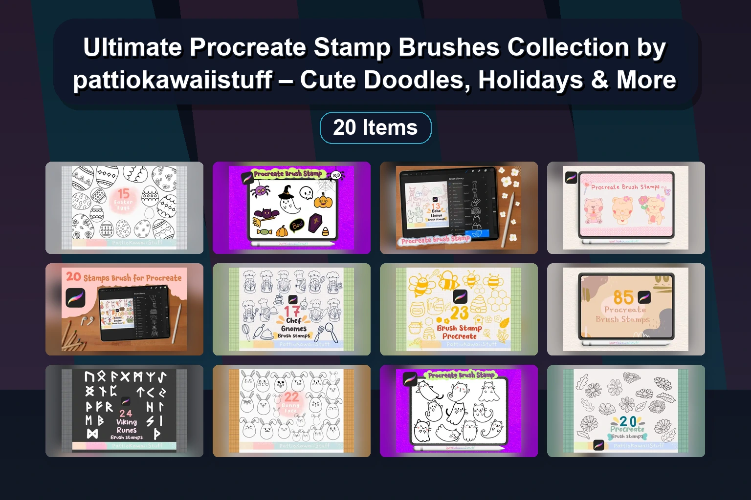 Procreate Stamp Brush Sets for Winter, Valentine’s, Flowers & Shapes by phichysilp
