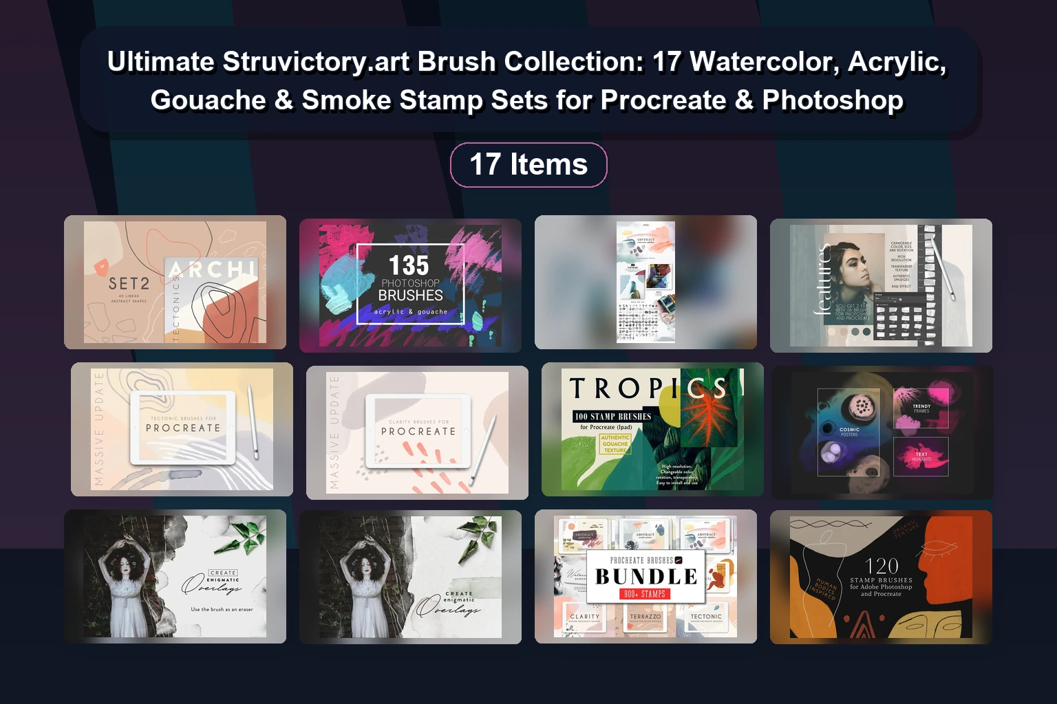 Ultimate Struvictory.art Brush Collection: 17 Watercolor, Acrylic, Gouache & Smoke Stamp Sets for Procreate & Photoshop