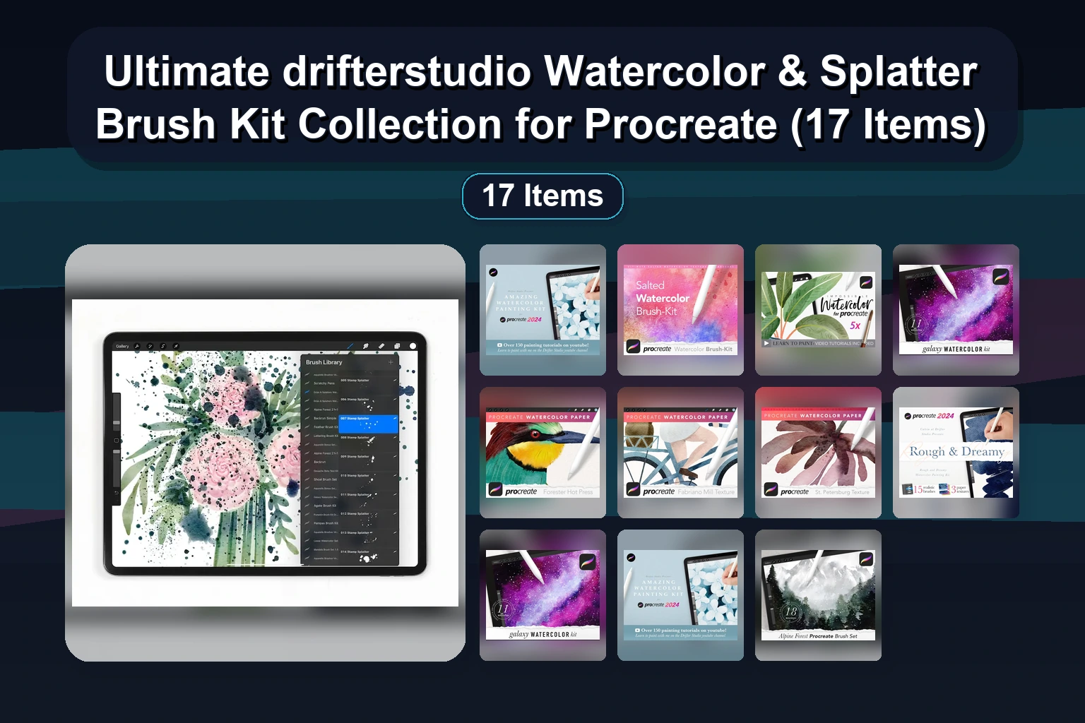 Ultimate drifterstudio Watercolor & Splatter Brush Kit Collection for Procreate (17 Items)