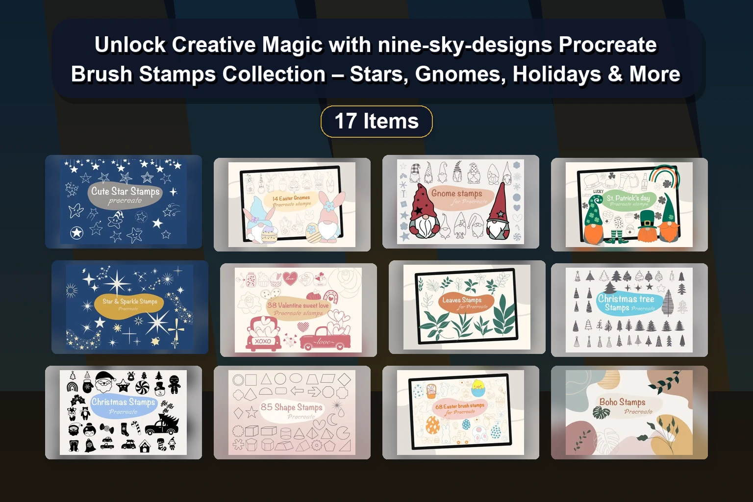 Unlock Creative Magic with nine-sky-designs Procreate Brush Stamps Collection – Stars, Gnomes, Holidays & More
