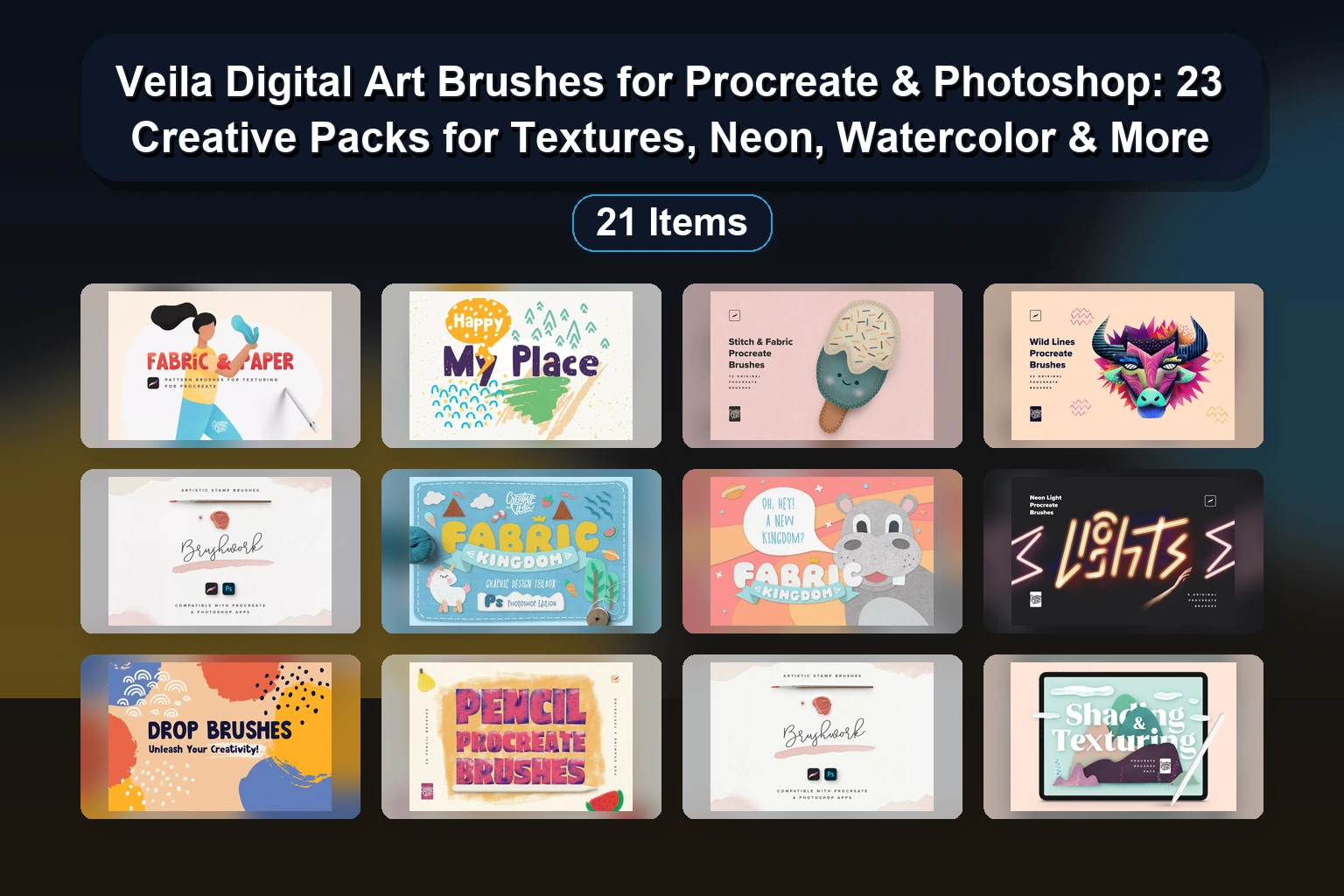 Veila Digital Art Brushes for Procreate & Photoshop: 23 Creative Packs for Textures, Neon, Watercolor & More