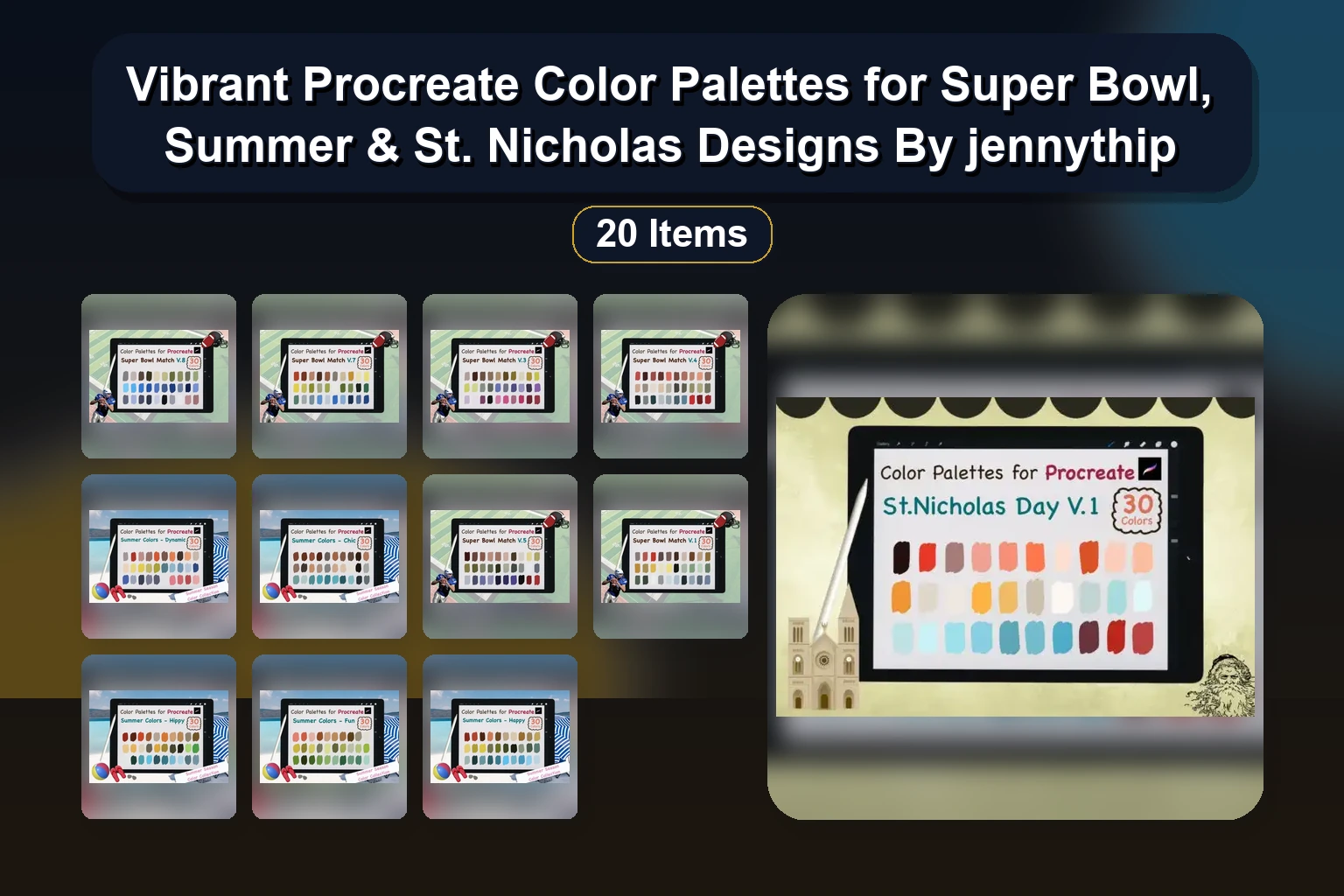Vibrant Procreate Color Palettes for Super Bowl, Summer & St. Nicholas Designs By jennythip