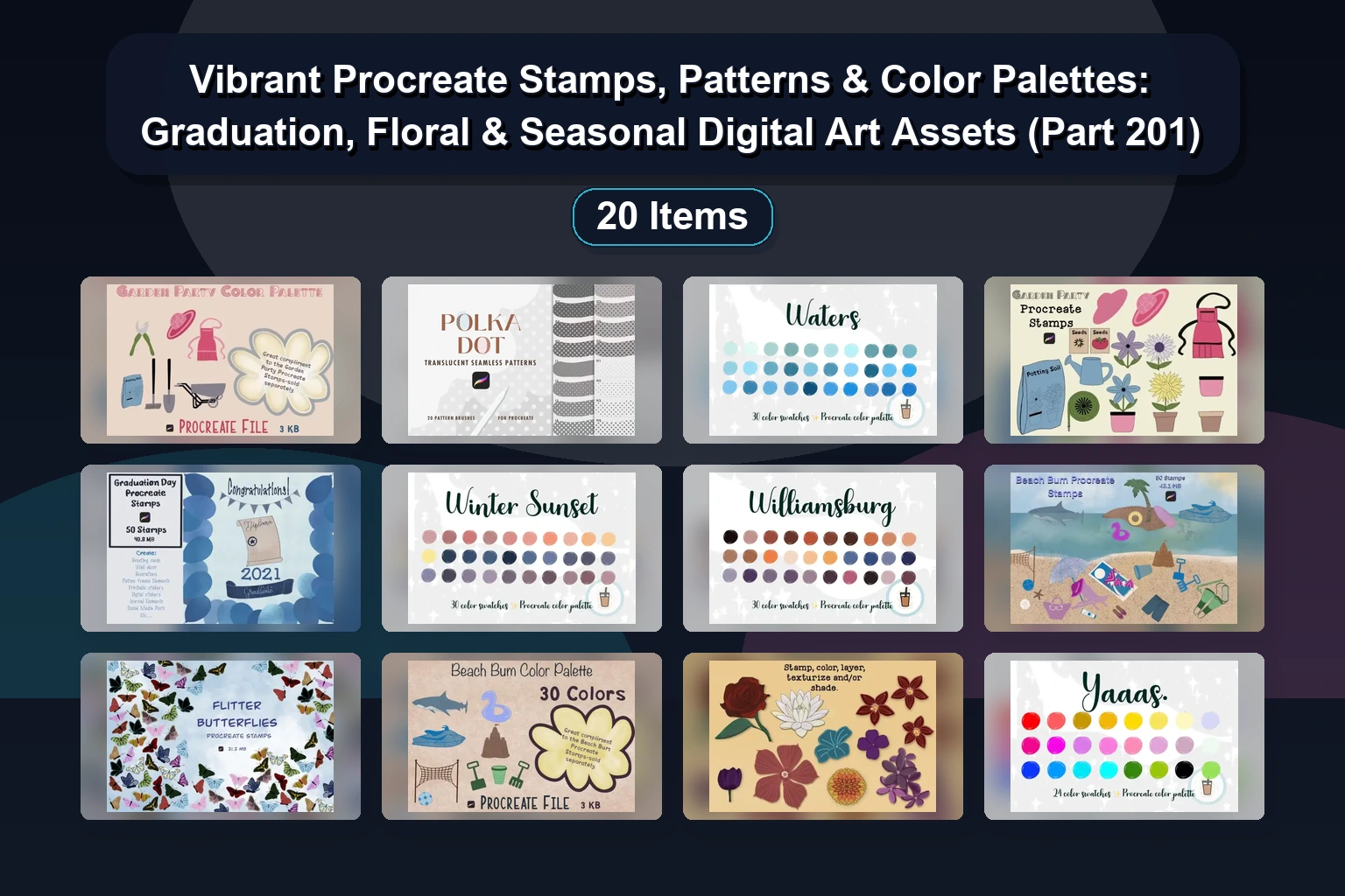 Vibrant Procreate Stamps, Patterns & Color Palettes: Graduation, Floral & Seasonal Digital Art Assets (Part 201)