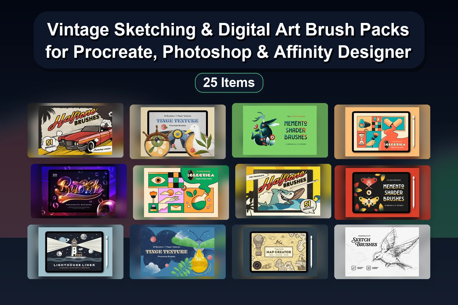 Vintage Sketching & Digital Art Brush Packs for Procreate, Photoshop & Affinity Designer