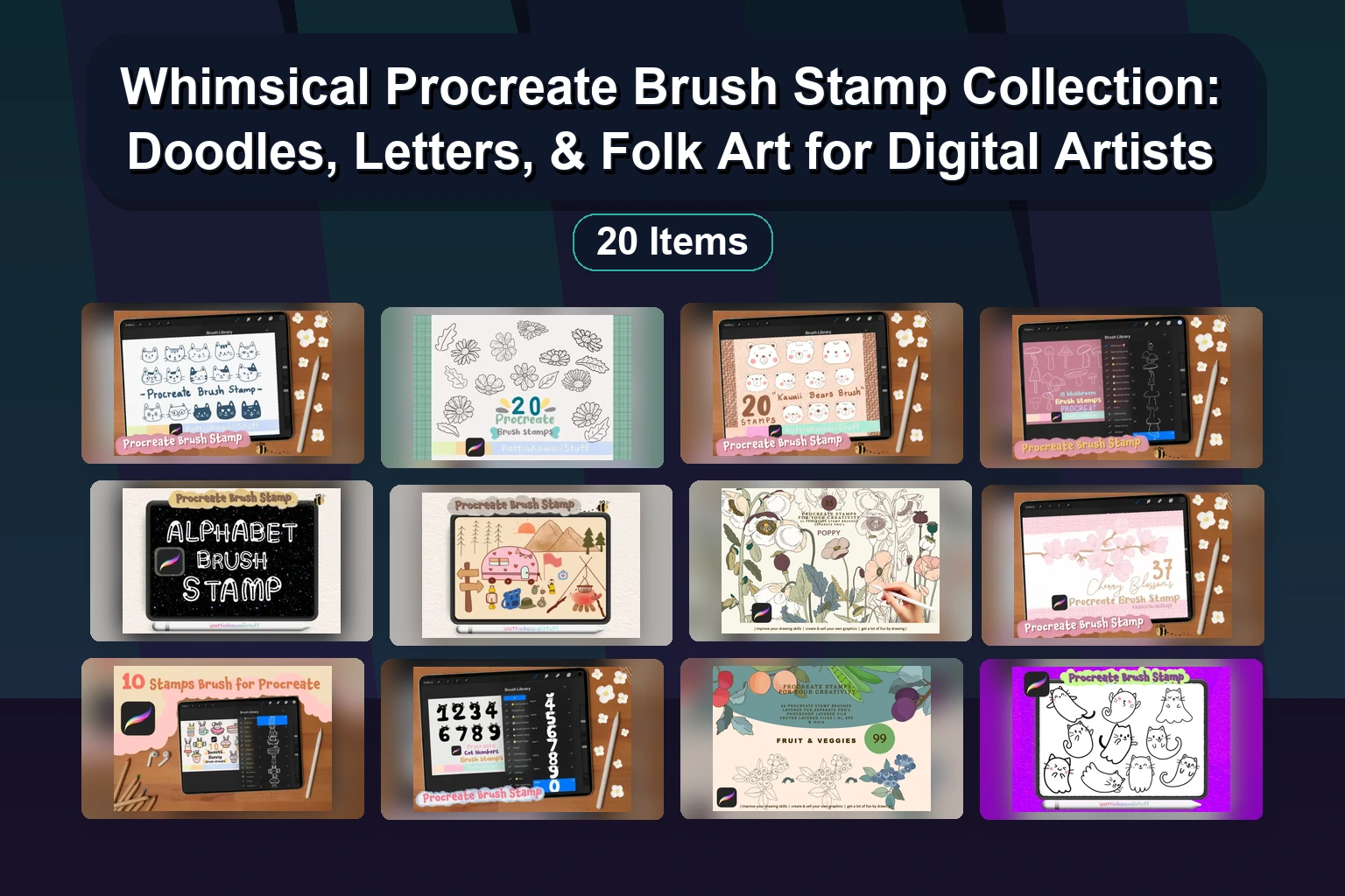Whimsical Procreate Brush Stamp Collection: Doodles, Letters, & Folk Art for Digital Artists
