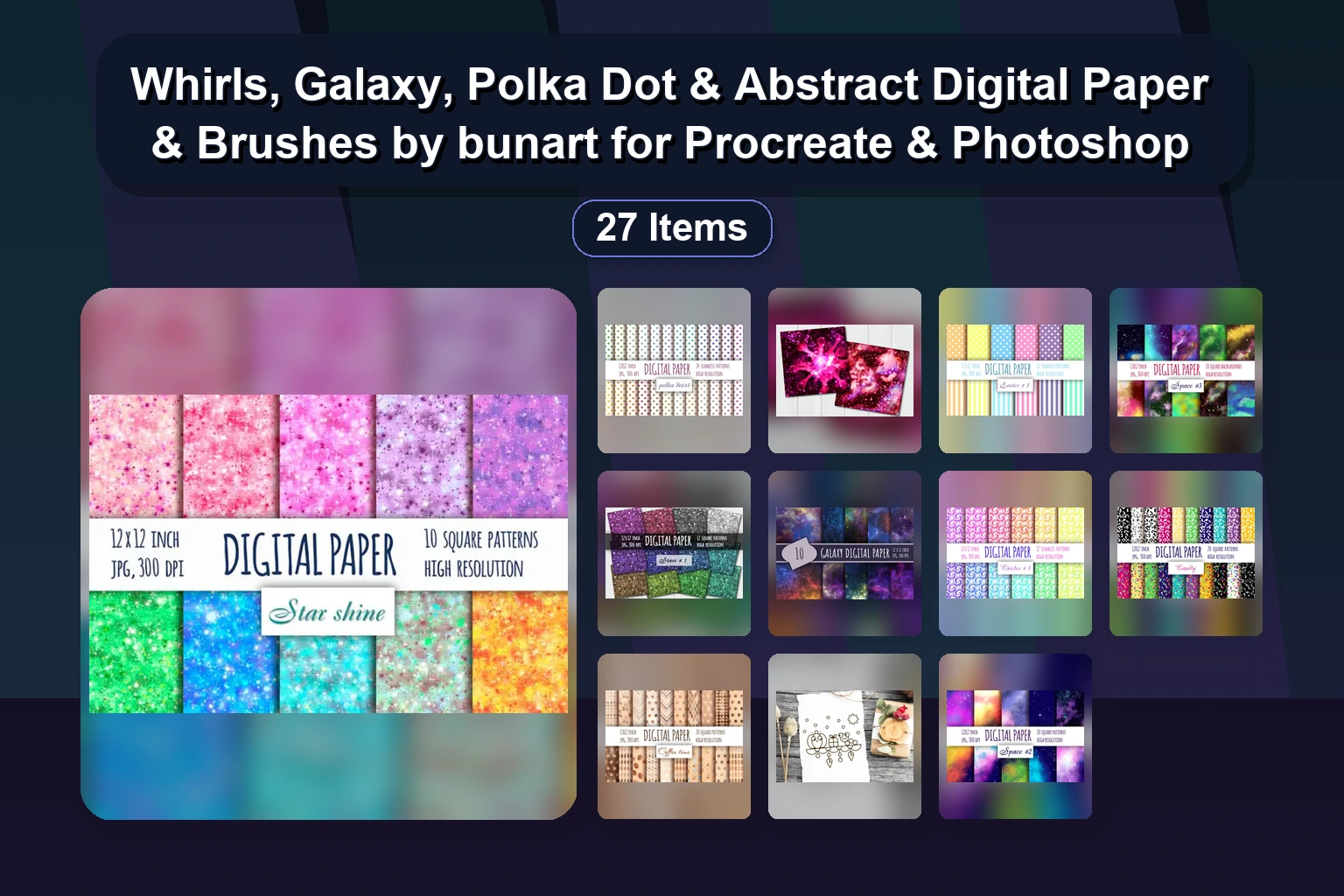 Whirls, Galaxy, Polka Dot & Abstract Digital Paper & Brushes by bunart for Procreate & Photoshop