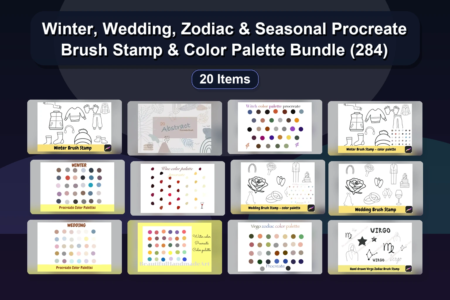 Winter, Wedding, Zodiac & Seasonal Procreate Brush Stamp & Color Palette Bundle (284)