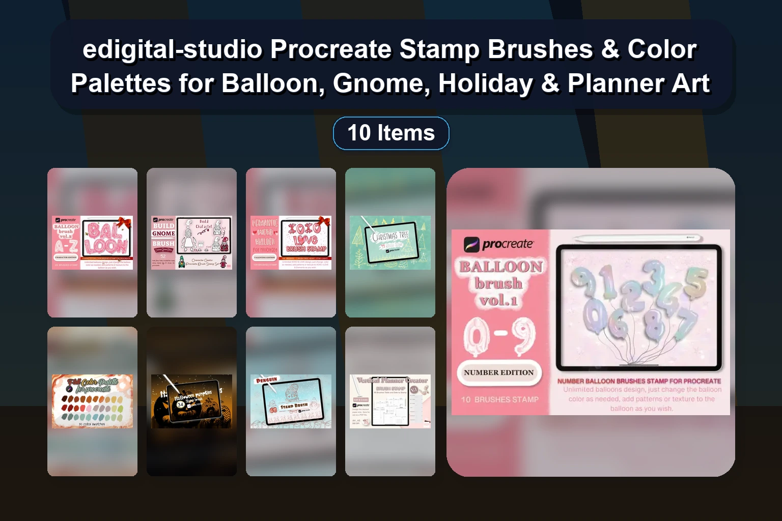 edigital-studio Procreate Stamp Brushes & Color Palettes for Balloon, Gnome, Holiday & Planner Art