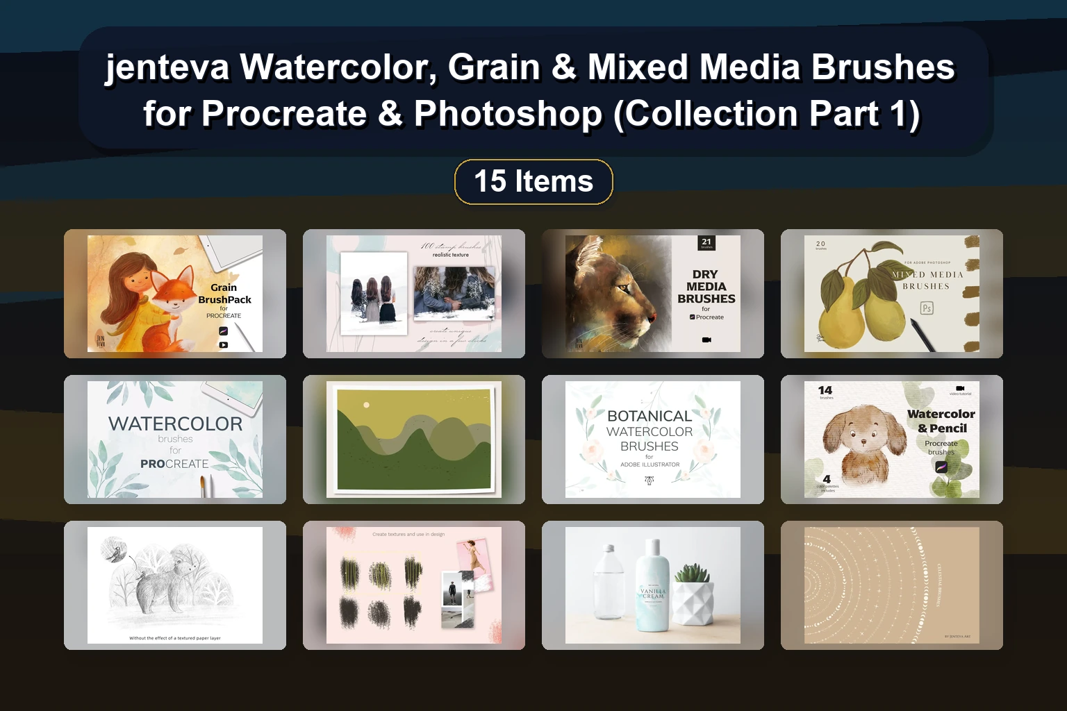 20 Procreate & Photoshop Brush Sets for Texture, Watercolor, Ink, Foliage & More by jenteva