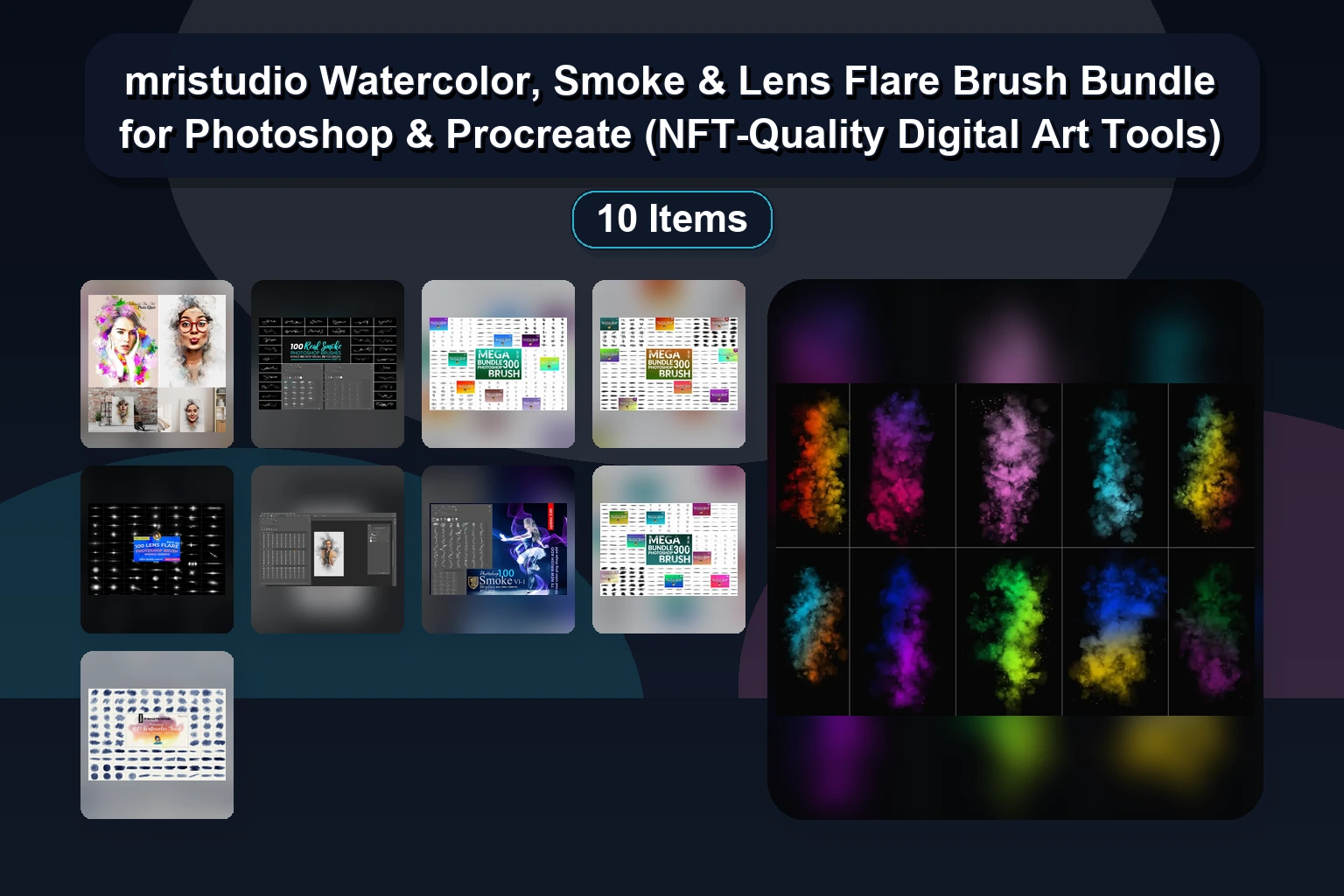 mristudio Watercolor, Smoke & Lens Flare Brush Bundle for Photoshop & Procreate (NFT-Quality Digital Art Tools)