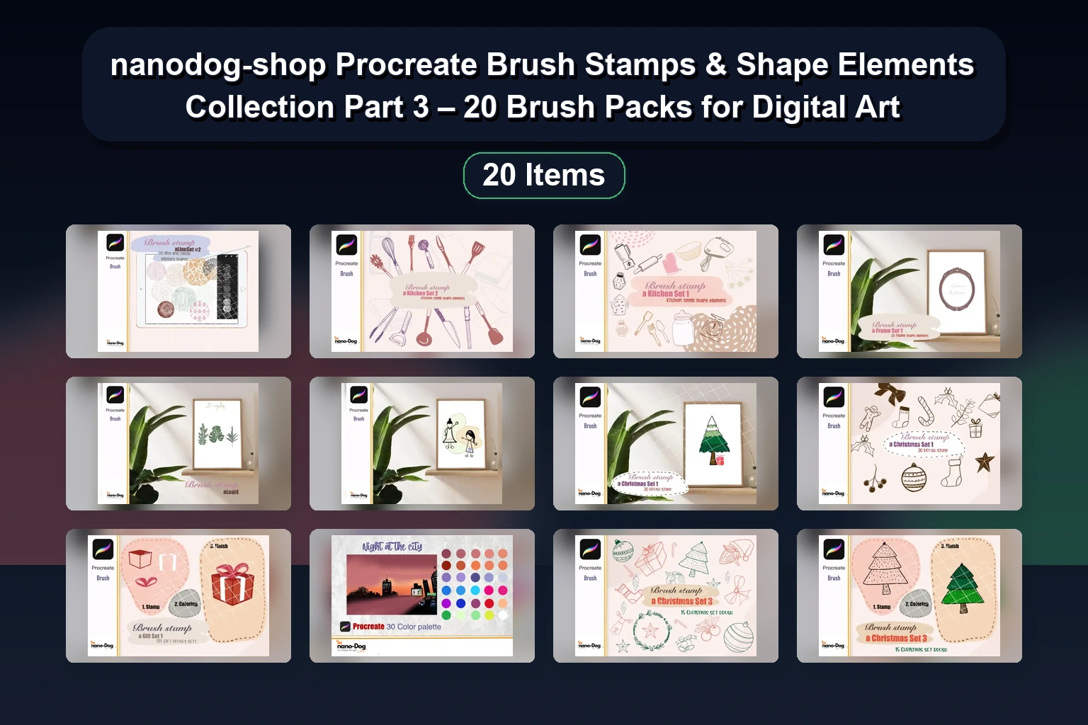 nanodog-shop Procreate Brush Stamps & Shape Elements Collection Part 3 – 20 Brush Packs for Digital Art
