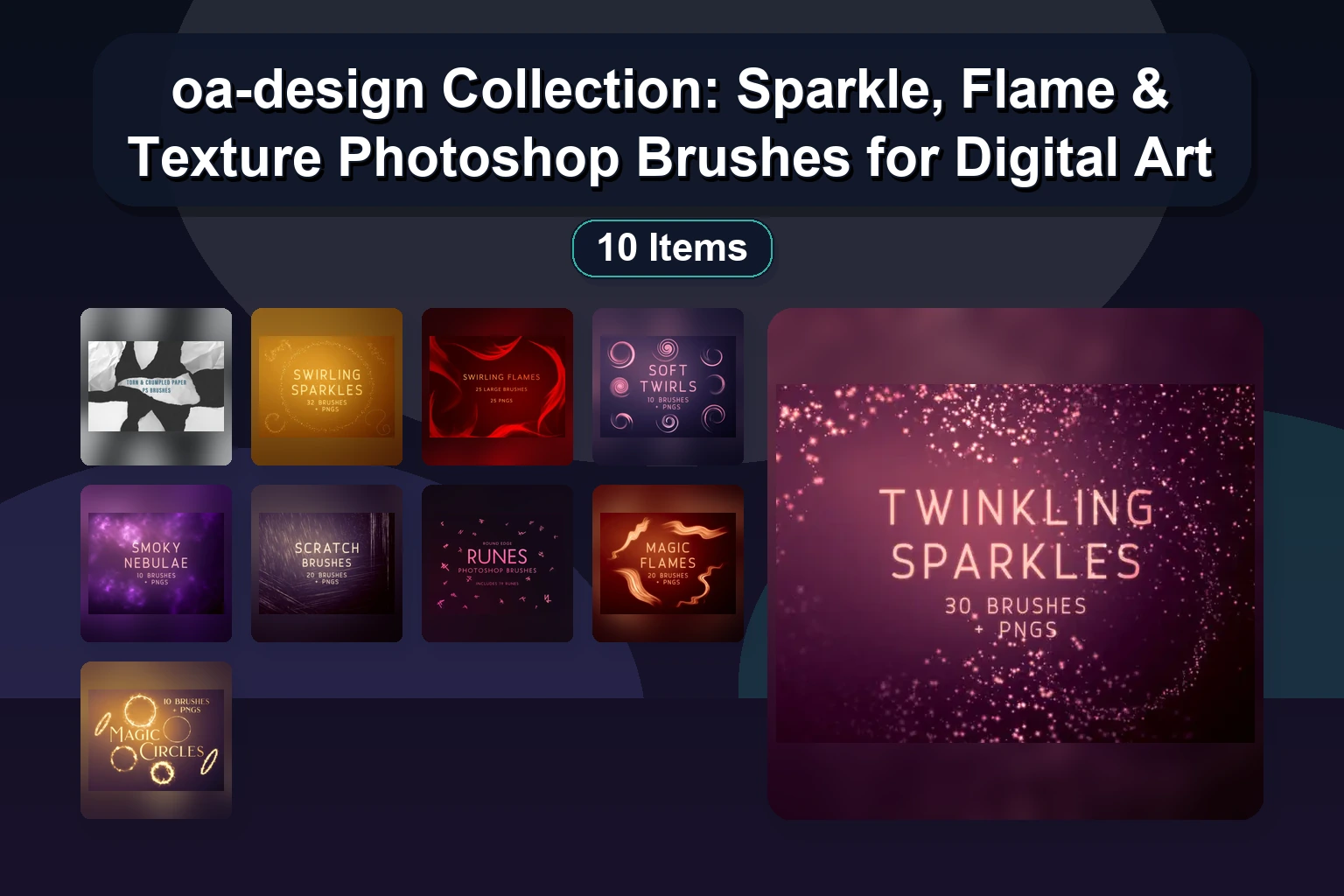 oa-design Collection: Sparkle, Flame & Texture Photoshop Brushes for Digital Art