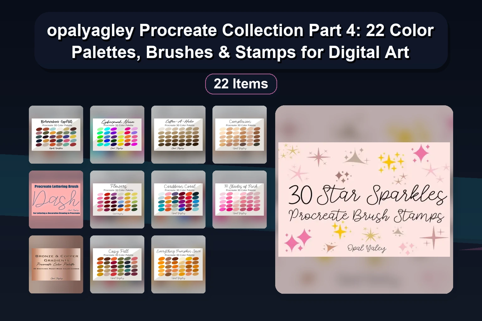 opalyagley Procreate Collection Part 4: 22 Color Palettes, Brushes & Stamps for Digital Art