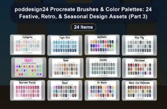 poddesign24 Procreate Brushes & Color Palettes: 24 Festive, Retro, & Seasonal Design Assets (Part 3)