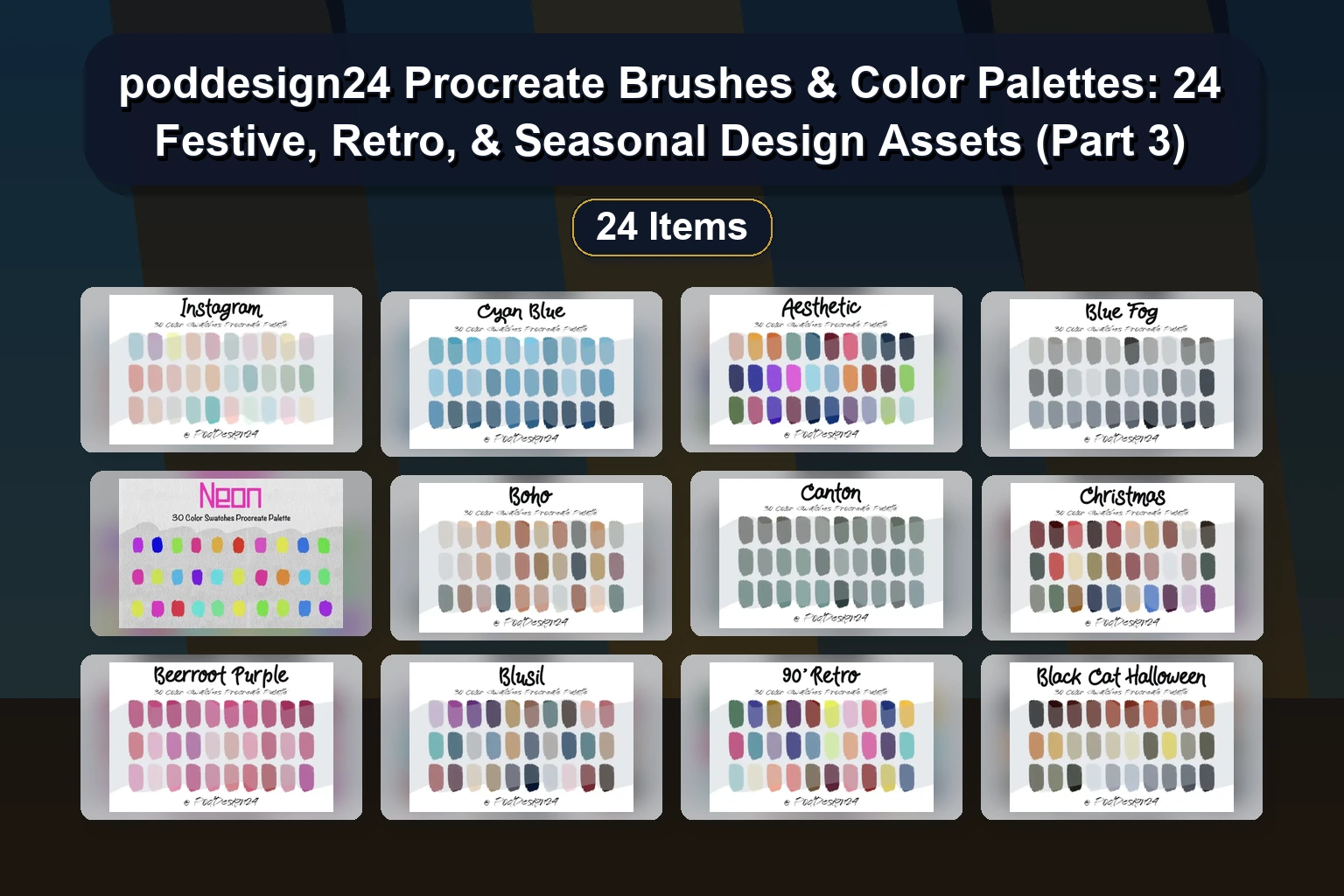 poddesign24 Procreate Brushes & Color Palettes: 24 Festive, Retro, & Seasonal Design Assets (Part 3)
