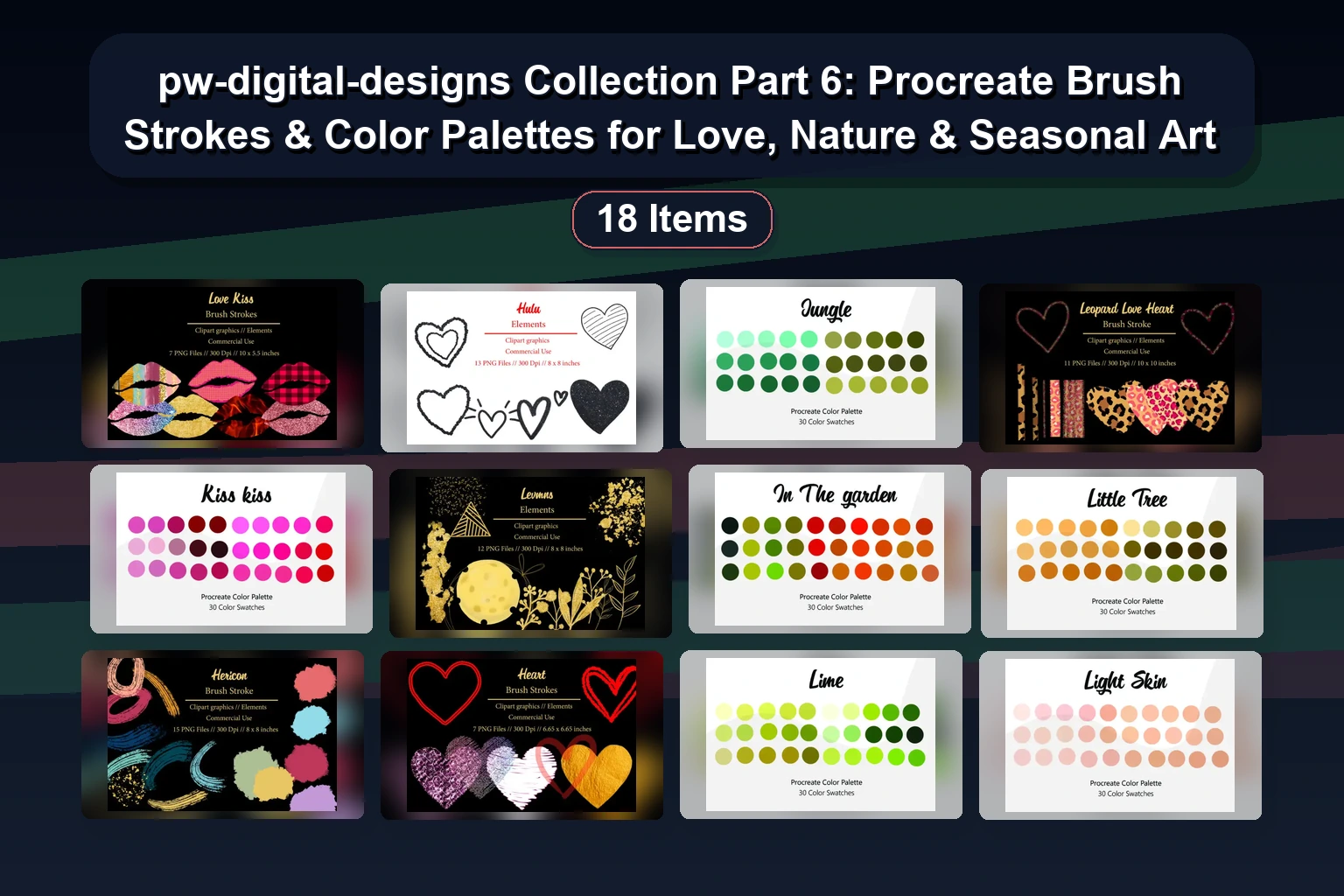 pw-digital-designs Collection Part 6: Procreate Brush Strokes & Color Palettes for Love, Nature & Seasonal Art