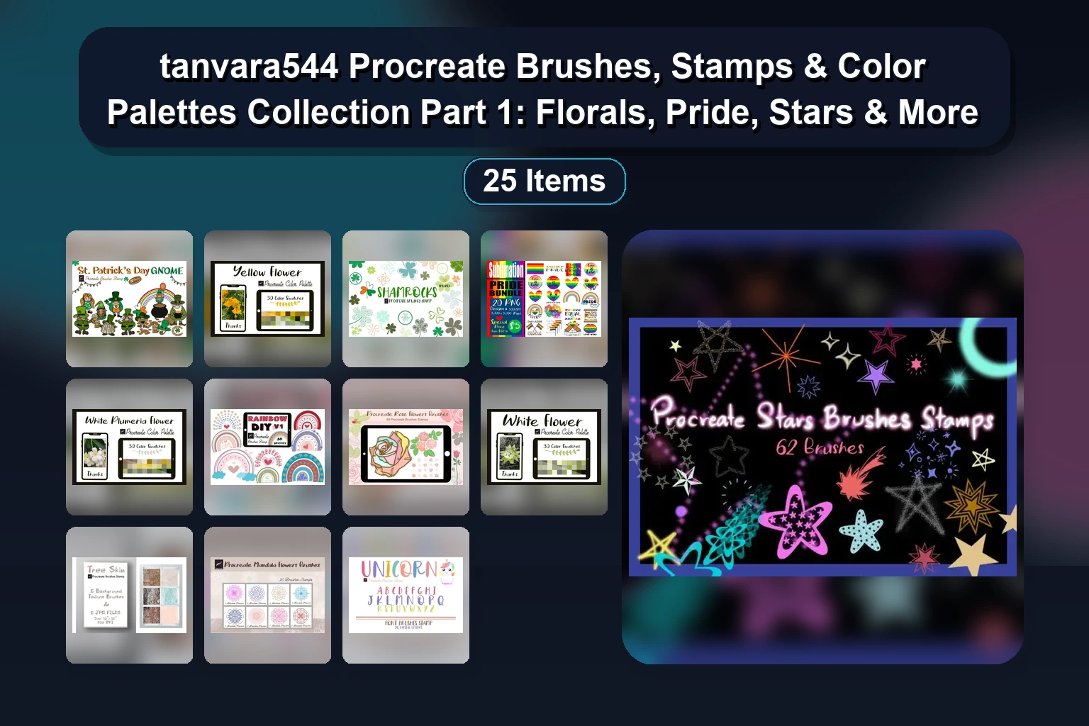 tanvara544 Procreate Brushes, Stamps & Color Palettes Collection Part 1: Florals, Pride, Stars & More