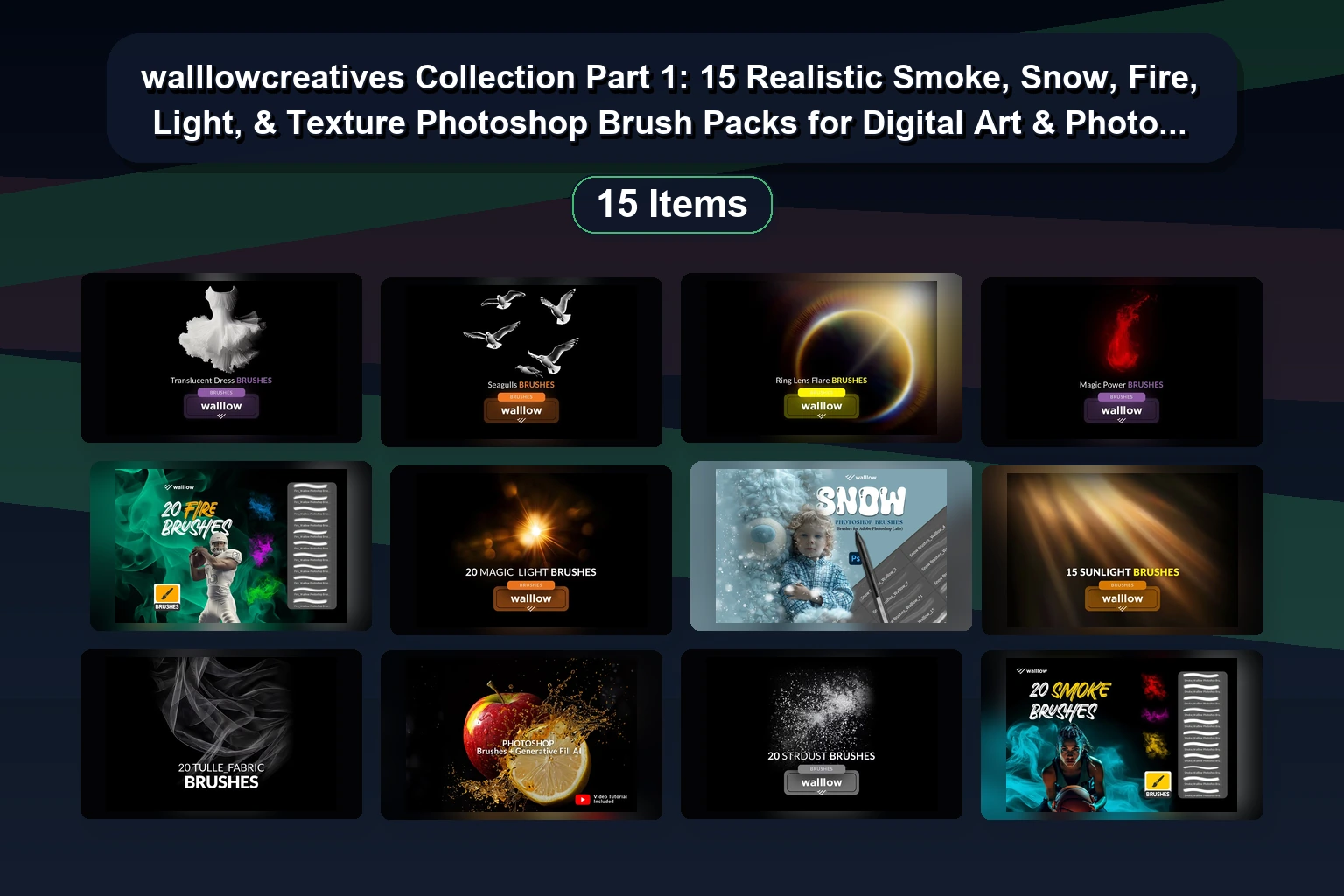 walllowcreatives Collection 第1部分：15款用于数字艺术与照片编辑的写实烟雾、雪、火焰、光线与纹理Photoshop画笔包