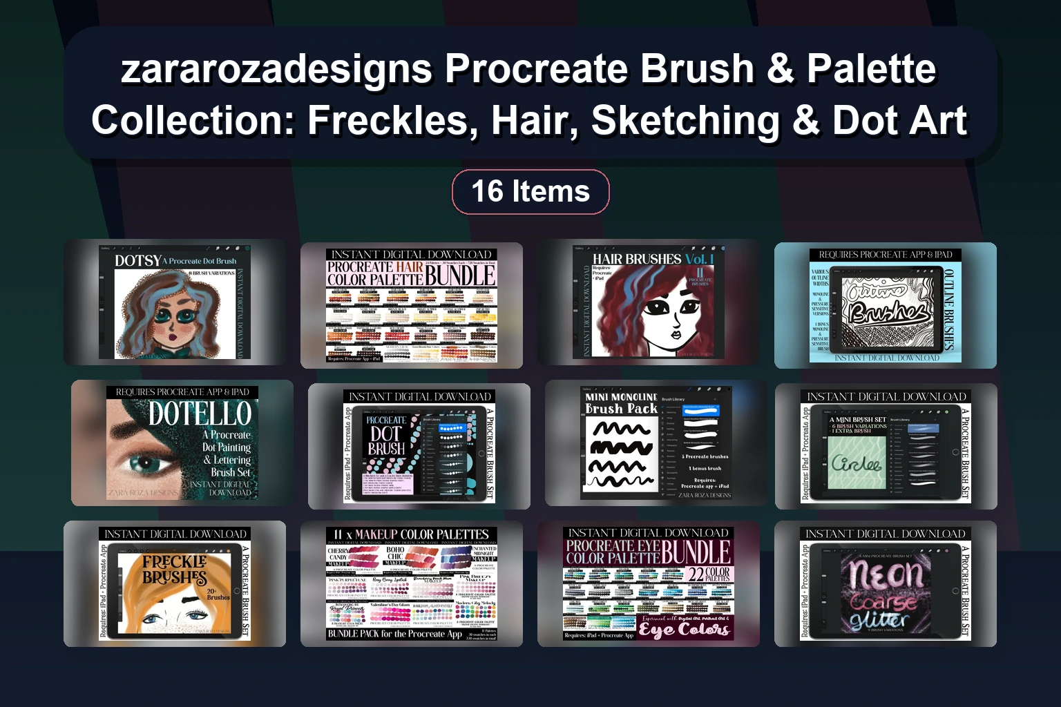 zararozadesigns Procreate Brush & Palette Collection: Freckles, Hair, Sketching & Dot Art