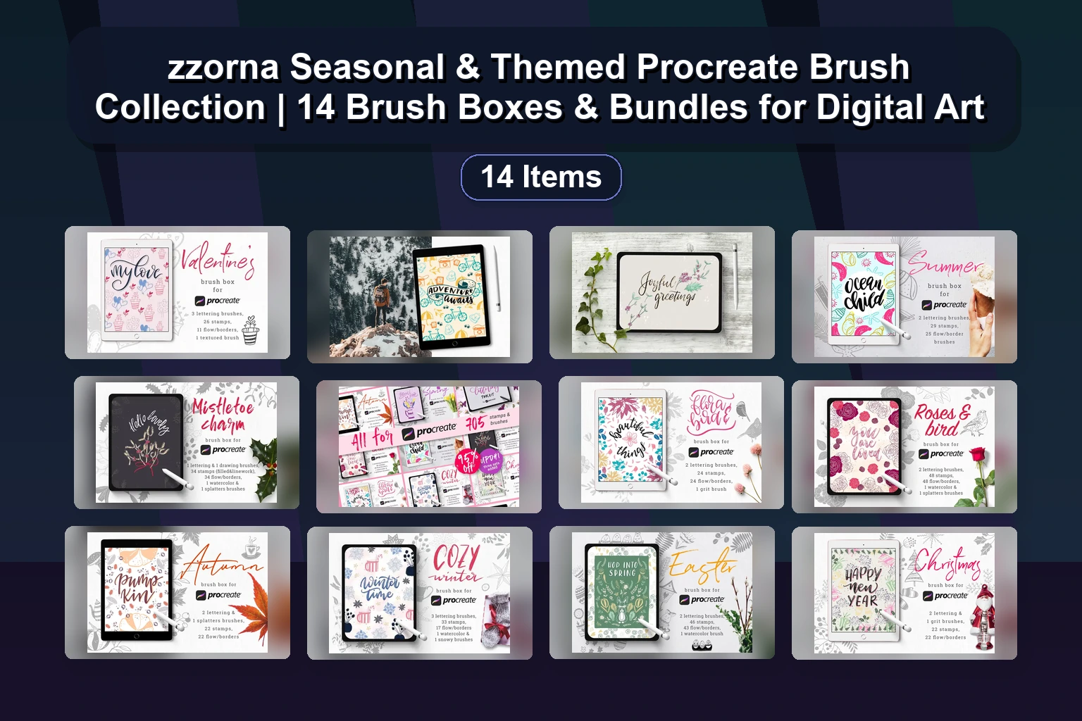 zzorna Seasonal & Themed Procreate Brush Collection | 14 Brush Boxes & Bundles for Digital Art