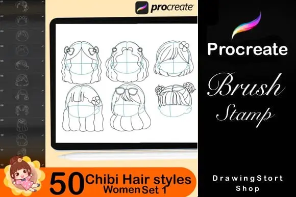 140 Procreate Hair Stamp Brushes, Chibi Hair Brushes, Hairstyles Stamps, Anime Hair Brushes, Procreate Hairstyle Stamps Set 2 5 140 procreate hair stamp brushes 4