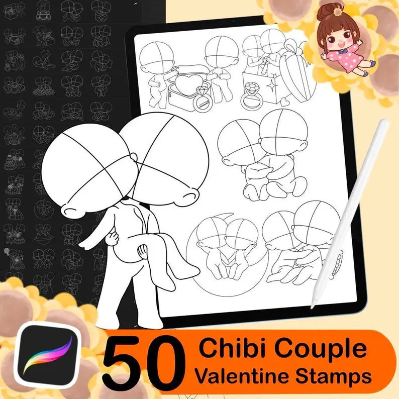 50 Procreate Chibi Couple Stamp, Chibi Couple Stamp, Procreate Stamp, Procreate Brush, Procreate Brushes, Digital Stamp, Procreate Stamps 11 50 procreate chibi couple stamp 21