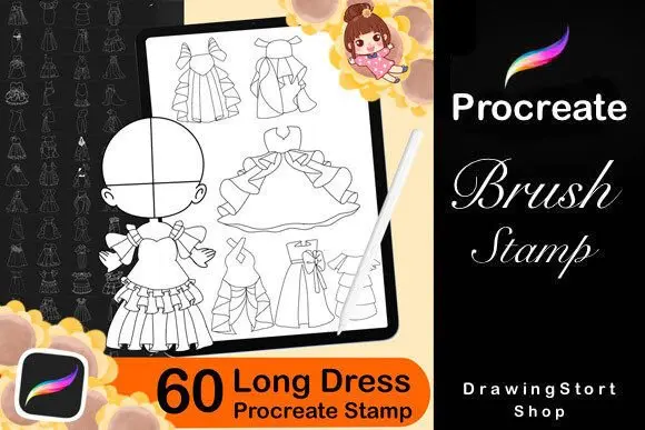 60 Procreate Long Dress Stamps Chibi 2 60 procreate long dress stamps