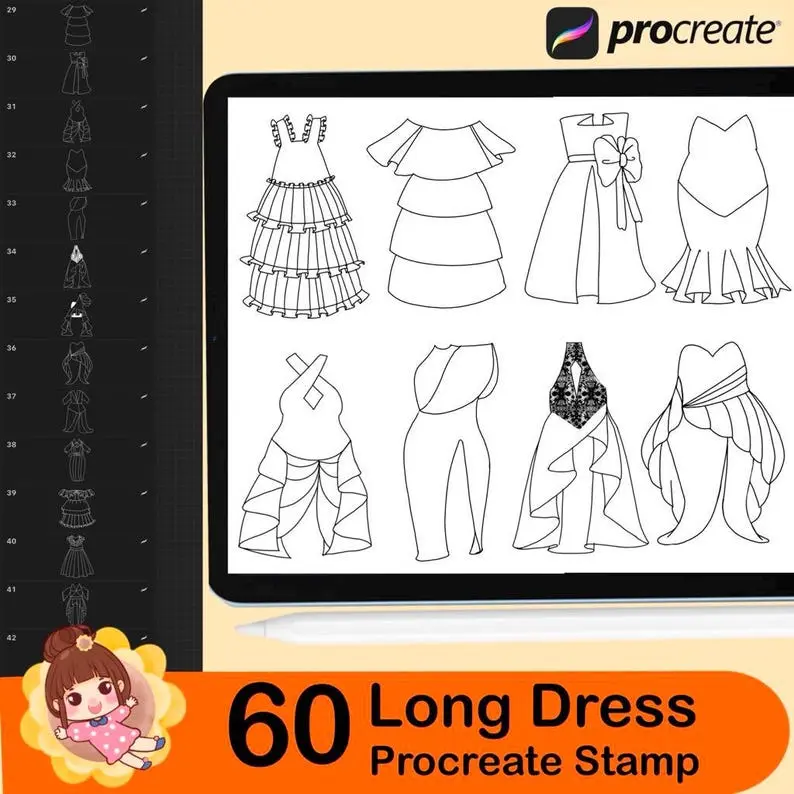 60 Procreate Long Dress Stamps Chibi 8 60 procreate long dress stamps4
