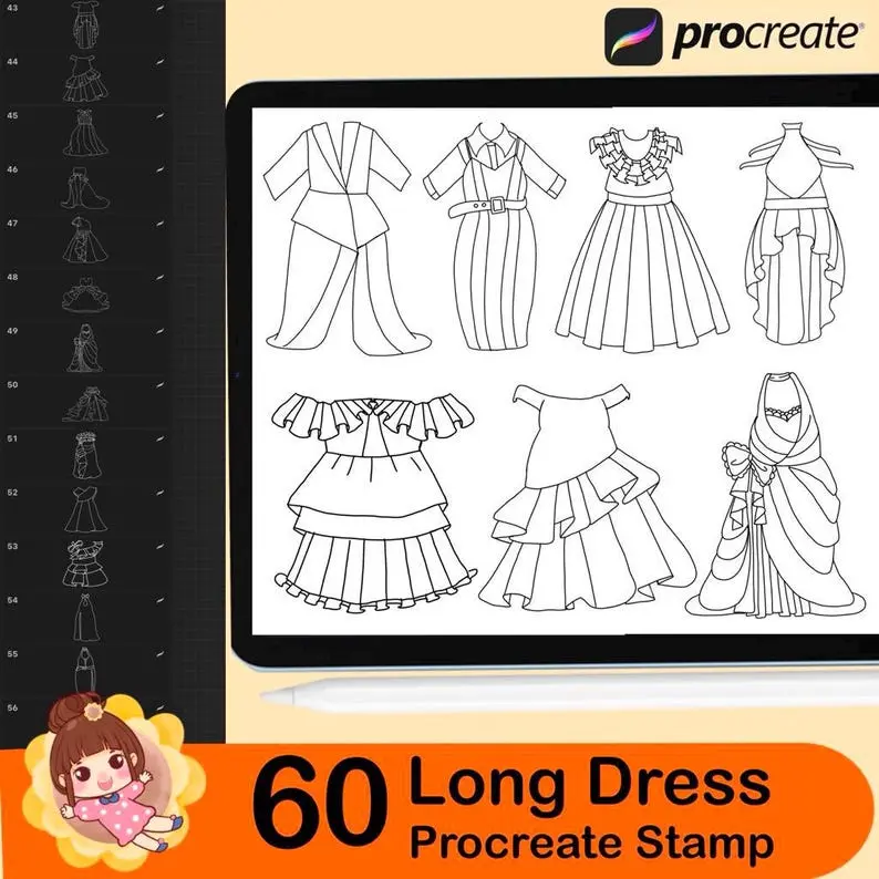 60 Procreate Long Dress Stamps Chibi 7 60 procreate long dress stamps5