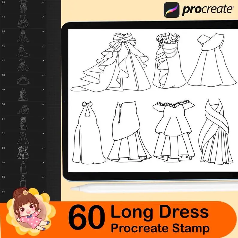 60 Procreate Long Dress Stamps Chibi 6 60 procreate long dress stamps6