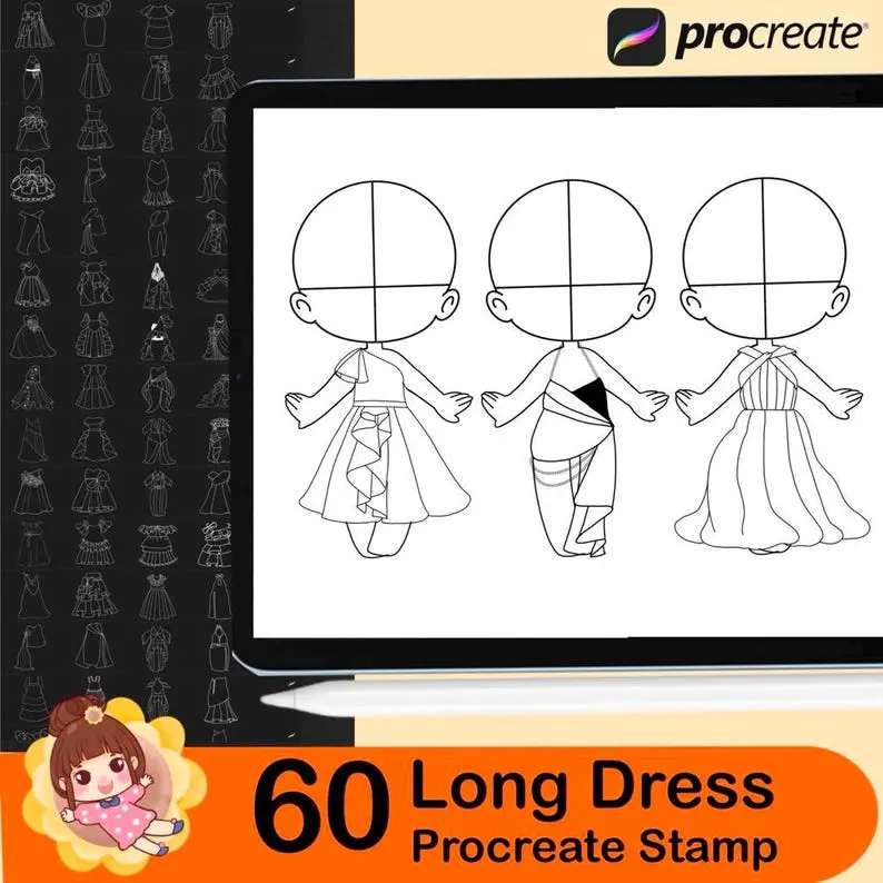 60 Procreate Long Dress Stamps Chibi 4 60 procreate long dress stamps8