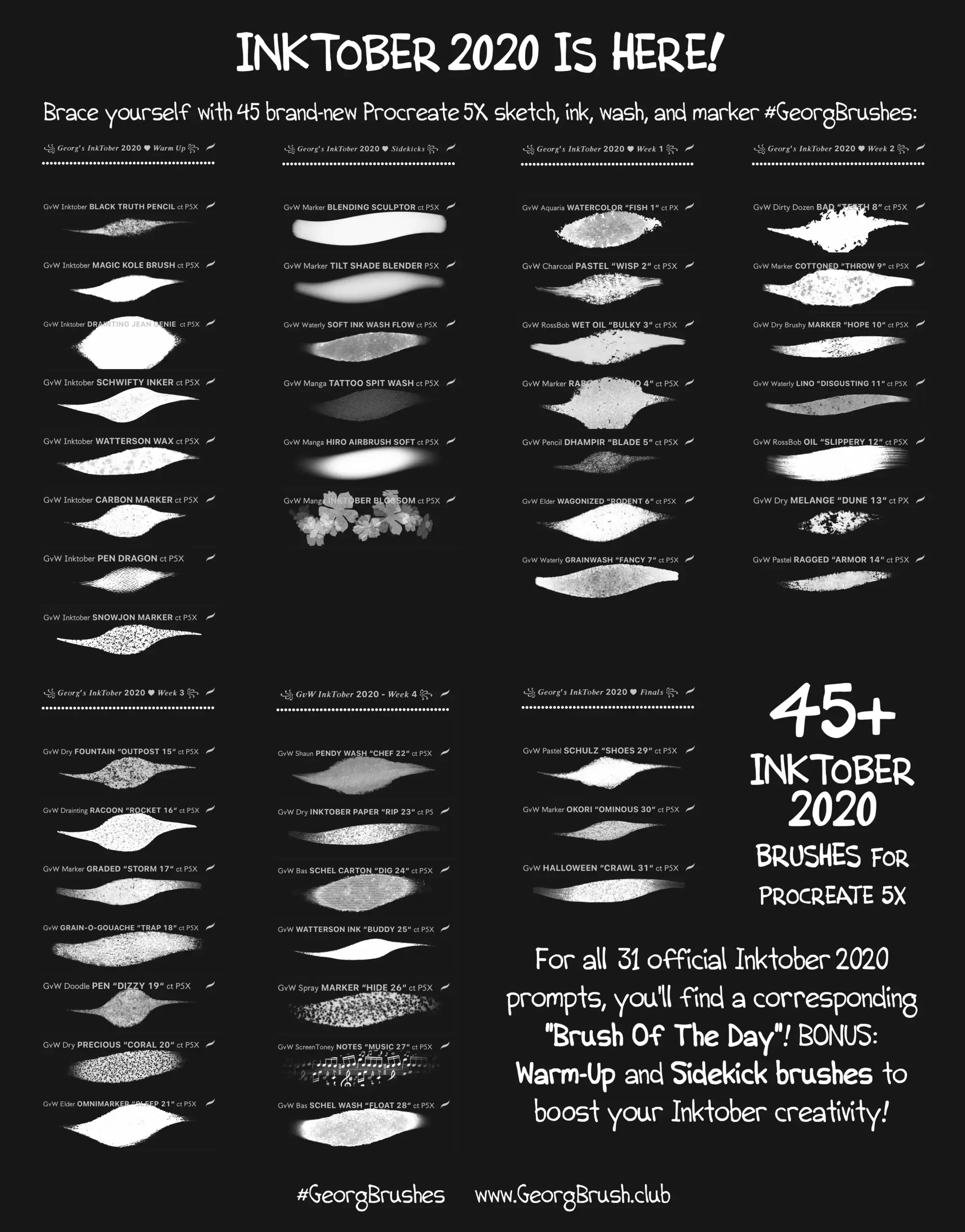 Georg's BRUSHTOBER Bundle 2020-2021: 150+ Ink, Pen, Marker, and Dual Color Paint Brushes for Procreate 4 georgs brushtober bundle 4