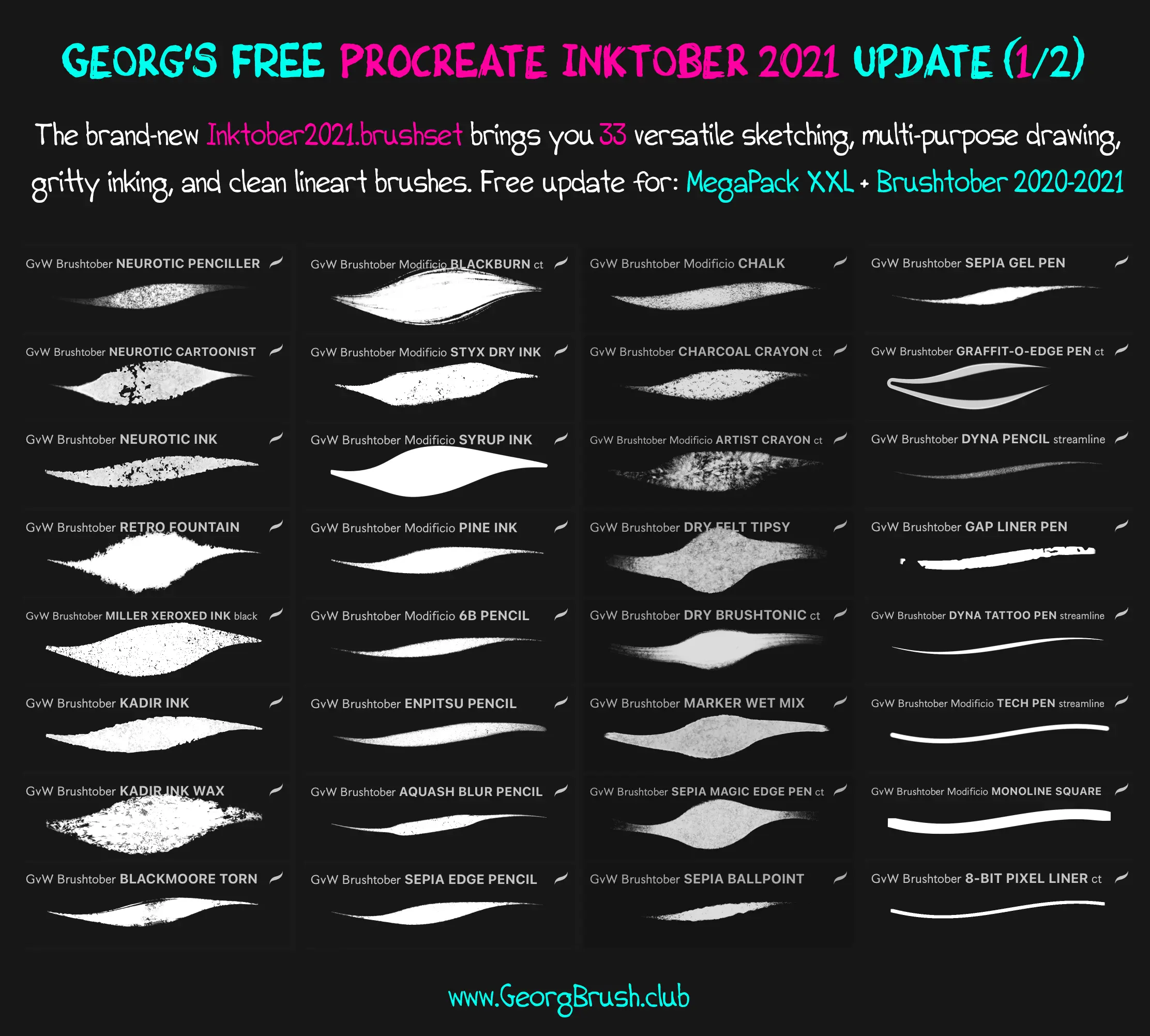 Georg's BRUSHTOBER Bundle 2020-2021: 150+ Ink, Pen, Marker, and Dual Color Paint Brushes for Procreate 3 georgs brushtober bundle 5