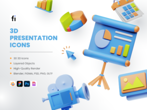 30 3d presentation icon set featured image